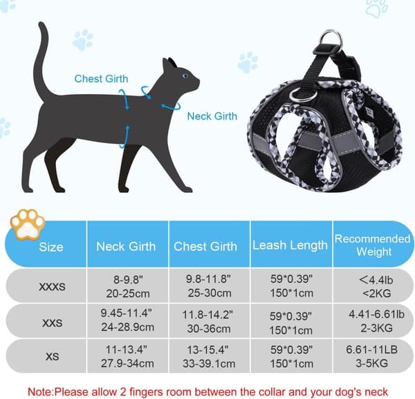 Adjustable Dog and Cat Harness with Leash, Reflective and Soft, Secure Fit, XXS