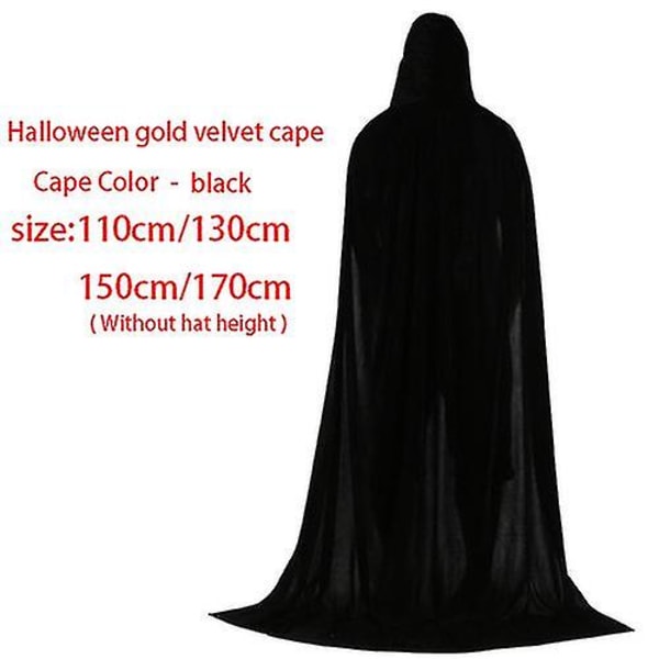 Unisex huvakappa, hel lång sammetskappa för halloweenkostymer_hh 130cm black