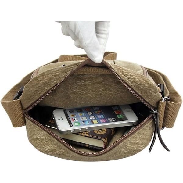 Skulderpose Multifunksjonell Canvas Messenger Bag Bærbar Glidelås Ryggsekk Sling Bag Pack Lett Utendørs Sykling Reise Dagstursekk (Khaki)