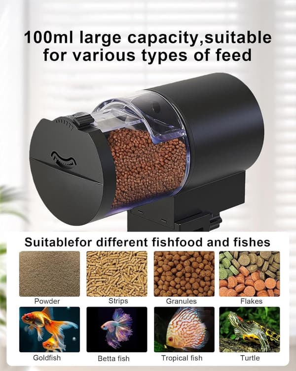 Automatisk fiskefoderautomat, 100 ml akvariefoderautomat med stor kapacitet og justerbar fodringstimer, batteridrevet til flager og piller, sort