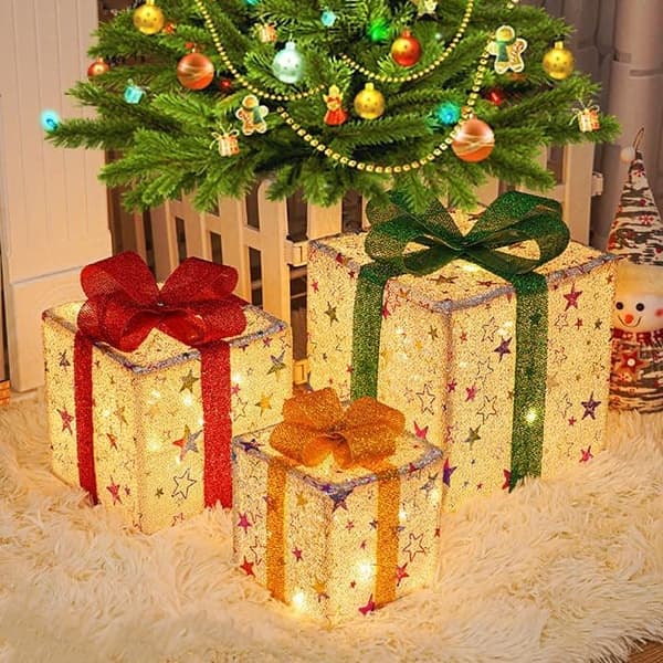 Julklappsaskar med belysta presenter, set om 3, belysta presentaskar för juldekorationer (stjärna)