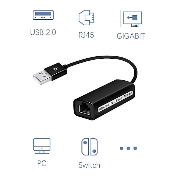 100 mbps USB 2.0 nätverkskort till Ethernet LAN-anslutning Adapter RJ45 LAN-kabeladapter för Switch/för Wii/för Wii U