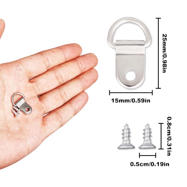50 stk D-ringhengere, kraftige små D-ringbildehengere med 50 stk skruer Nikkelbelagt bilderammetrådsett