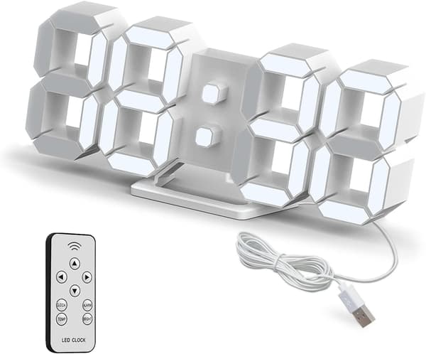 3D LED Digital Väckarklocka Med Snooze Dimbar Display Temperatur Datum Fjärrkontroll för Sovrum Skrivbord Vägg Vit