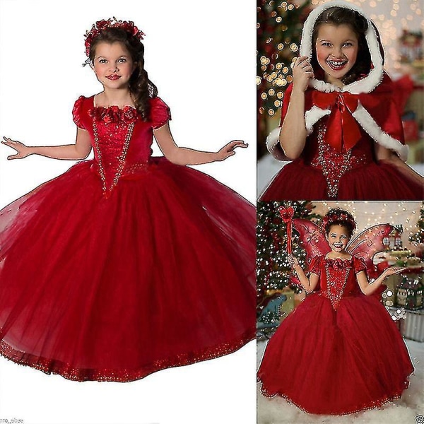 Askungens kostym för tjejer, sagoprinsessa klänning + kappa outfit, Cosplay Fancy Dress Up, Halloween jul födelsedagsfest kostym för barn H 5-6 Years Red