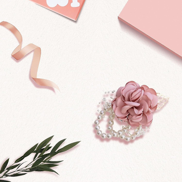Rose Corsage Armbånd, Blomster Bryllup Håndled Corsage med Rhinestone og Perle, Hånd Blomst Armbånd Silke Rose Boutonniere Sæt til Bryllup   (Pink)