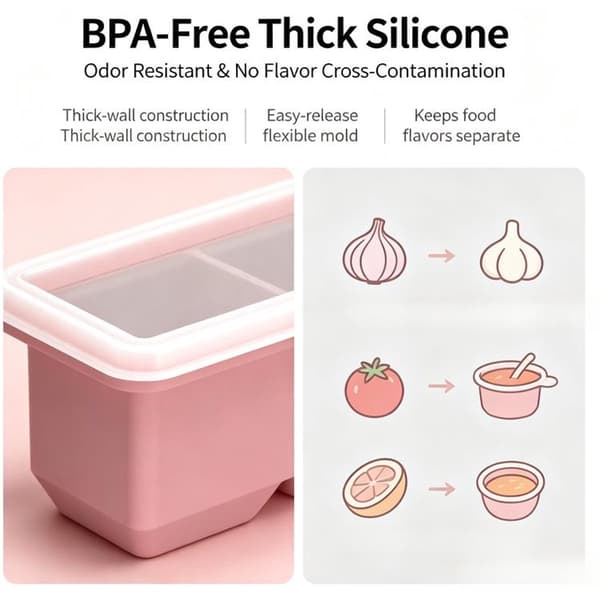 Silikonfrysfack med lock, 2-pack stapelbar 3-facks förvaring för soppa, sås, barnmat, BPA-fri, diskmaskinssäker, klar