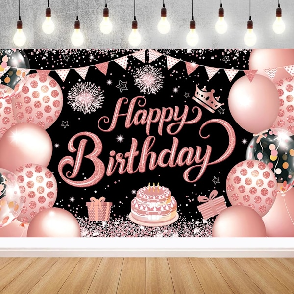 Black Rose Gold Happy Birthday Party Backdrops Cloth 71x43 in Glitter Rose Gold Birthday Photography Backgrounds Black Pink