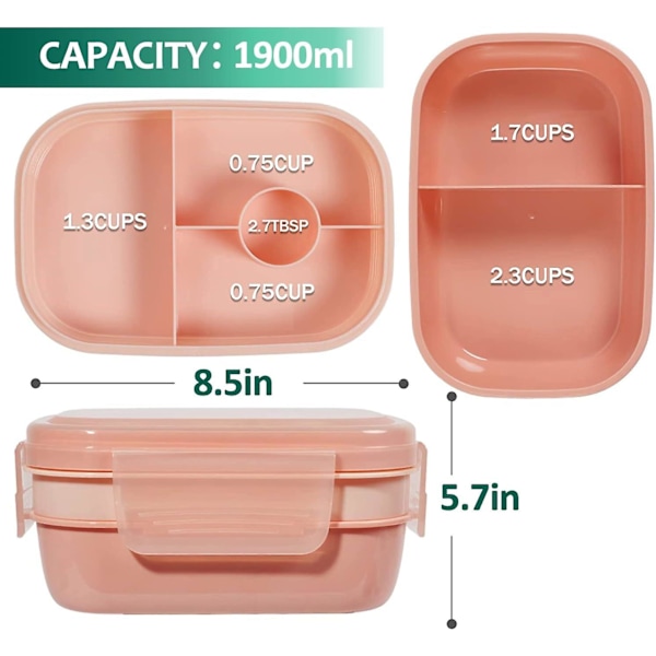 Lounaan lounaslaatikko Pinottava Bento-laatikko 3-in-1-osastot, Todella vuototiivis, 1900 ml Suuri Bento-lounaslaatikko aterioille Välipalat, Astianpesukone Mikroaaltouuni Kestävä-Ruoho Vihreä