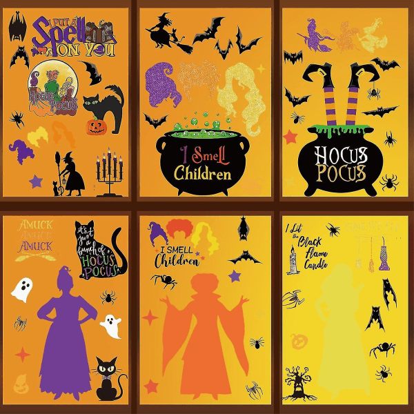Halloween Window Clings: Witch, Black Cat, Pumpkin Design - 9st