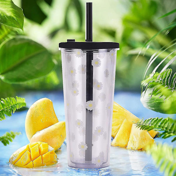 Återanvändbar Boba-mugg med återförslutningsbar lockplugg - 20 oz dubbelväggig isolerad Boba-temugg mjölktekopp med brett återanvändbart sugrör (svart)