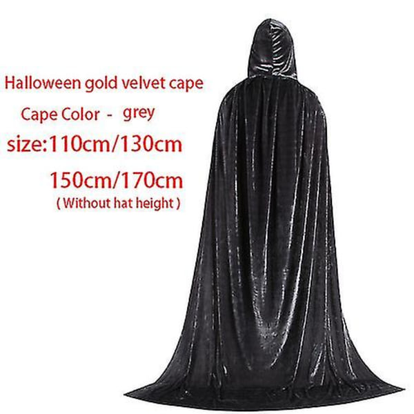 Unisex huvakappa, hel lång sammetskappa för halloweenkostymer_hh 130cm grey