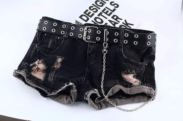 Læderbælte med dobbelt spænde - punk-stil damebælte med kæde - læderkædebælte - sort