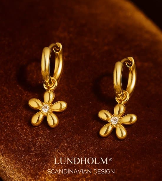 Lundholm Guld Blomst Hoop Øreringe til Kvinder, Premium Rustfrit Stål Dingle Øreringe, Vandtætte Hypoallergene, Gave til Hende