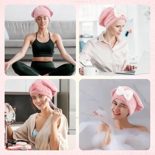 Hårhåndklæde i mikrofiber, ultraabsorberende og hurtigtørrende hårturban med sløjfe, blød badehætte til kvinder og piger, pink
