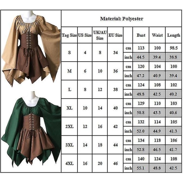 Kvinnors medeltida renässansklänning viktoriansk pirat irländsk vikinga vintage cosplay kostym Klä upp för Halloween Carnival Party H XL Khaki