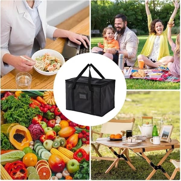Isolerad kylväska 50L med aluminiumfoder och vattentätt vävt tyg för matleverans picknick camping svart