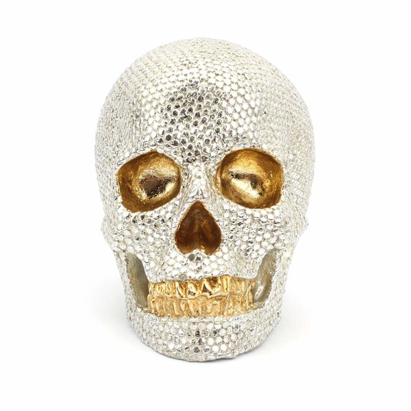Liten mänsklig skalle i hartsstaty Huvud Halloween skalle staty Silver skalle harts prydnad Skulpturer Skalle samlarobjekt Figurer