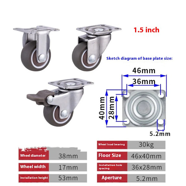 1,5 tommer hjul til små møbler Heavy Duty hjul, gummi 360º drejehjul sæt med 4 (2 med bremser og 2 uden)