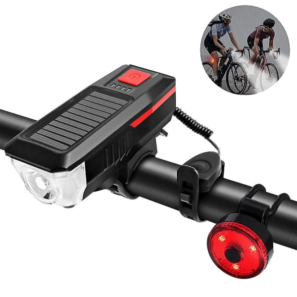 Bike Light Set And Horn Solar Powered Usb Rechargeable Bicycle Headlight Taillight