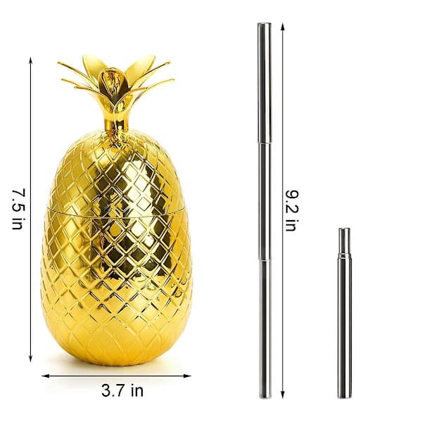 2-pack Ananas Drickmuggar, 450ml Guld Ananas med Utdragbart Sugrör, Hawaii Luau Festmuggar