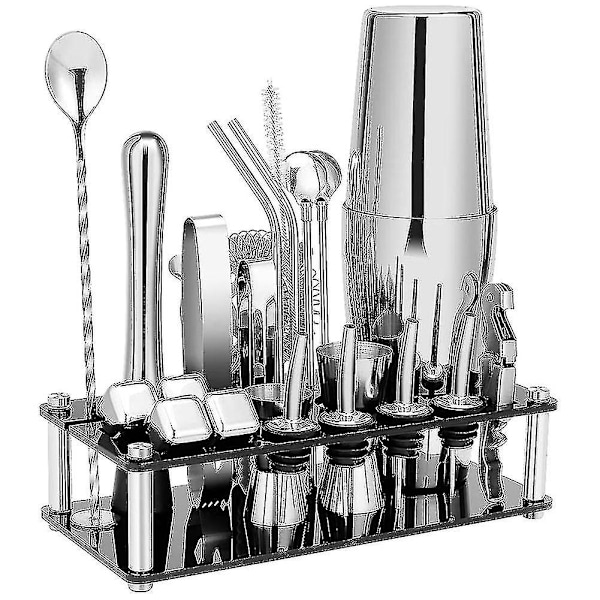 Cocktail Shaker Sæt, Boston Bartender Kit i Rustfrit Stål med Akrylstativ & Cocktailopskriftsbog