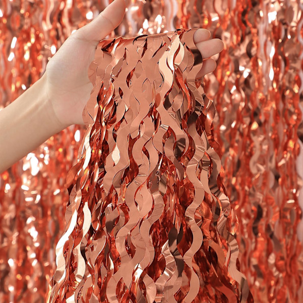 Vågiga roséguld fransgardiner - 3,3 fot x 6,6 fot, 3-pack | Roséguld festdekorationer, roséguld streamers, roséguld glitter