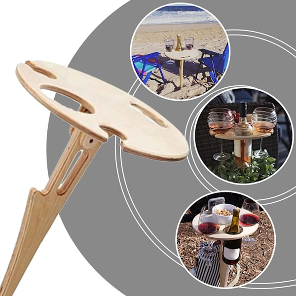 Utomhus Vinfatbord med Vikbart Runt Bordsskiva, Trä Bärbar Picknickbord Modern Vinglasställ Vinflaskhållare Mini