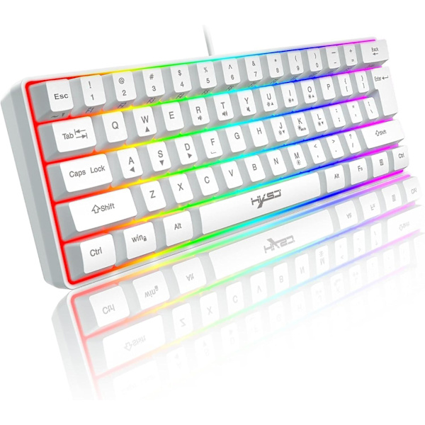 Trådad RGB-speltangentbord, 61 tangenter bärbart minikompakt tangentbord med 11 Chroma RGB-bakgrundsbelysning, ABS flytande tangentlock, full anti-ghosting-tangenter Vit