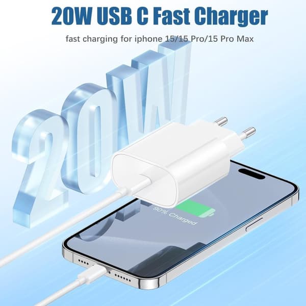 Oplader til iPhone 15 + 2M kabel Hurtigoplader USB-C til USB-C