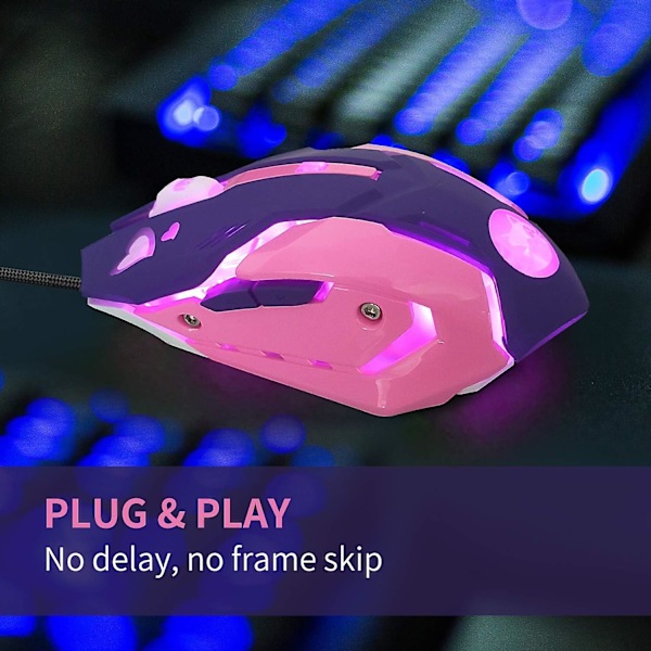 Gamingmus, 7 farger bakgrunnsbelyst optisk spillmus ergonomisk USB kablet med 2400 DPI og 6 knapper 4 skyting for datamaskin/Win/Android/iOS. (Lilla)