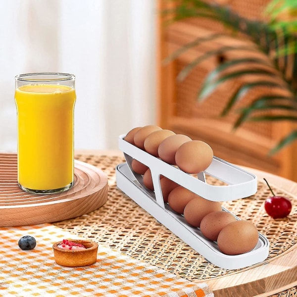 Egg Holder For Refrigerator, Automatisk Rullende Egg Oppbevaringsbeholder, 2-Tier Rullende Egg Dispenser