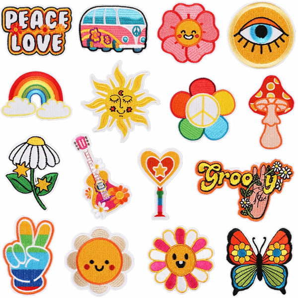 16 Pcs Sew on Embroidered Applique Patches Peace Sign Repair Patch Retro DIY Craft Accessories for Clothing Backpacks Hat Jeans