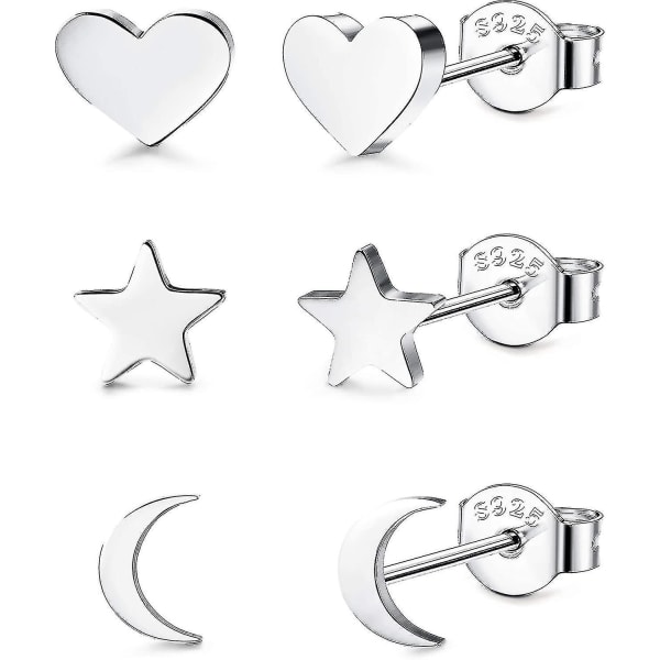 3 par 925 Sterling Sølv Ørestikker Tiny Moon Star Heart Ørestikker Plain Sølv Ørestikker Sæt Til Kvinder