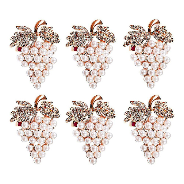 Set med 6 diamanter pärla druva servettring metall servett spänne för jul, helgdagar, bröllop, halloweenfest, middagar dekor