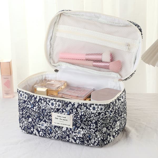 Skycases 3-pack sminkväskor, quiltad blommig bomullspåse, tvättbar resenecessär för kvinnor, marinblå