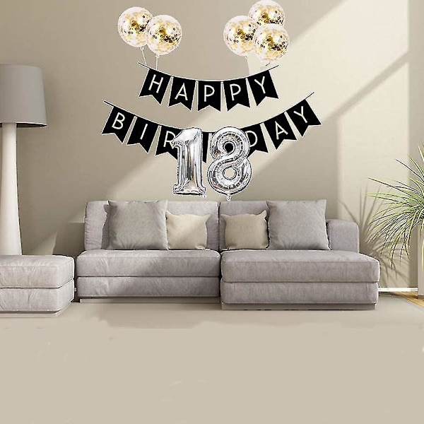 Grattis på födelsedagen-banderoll med 5 guldkonfetti-ballonger i latex - perfekt svart