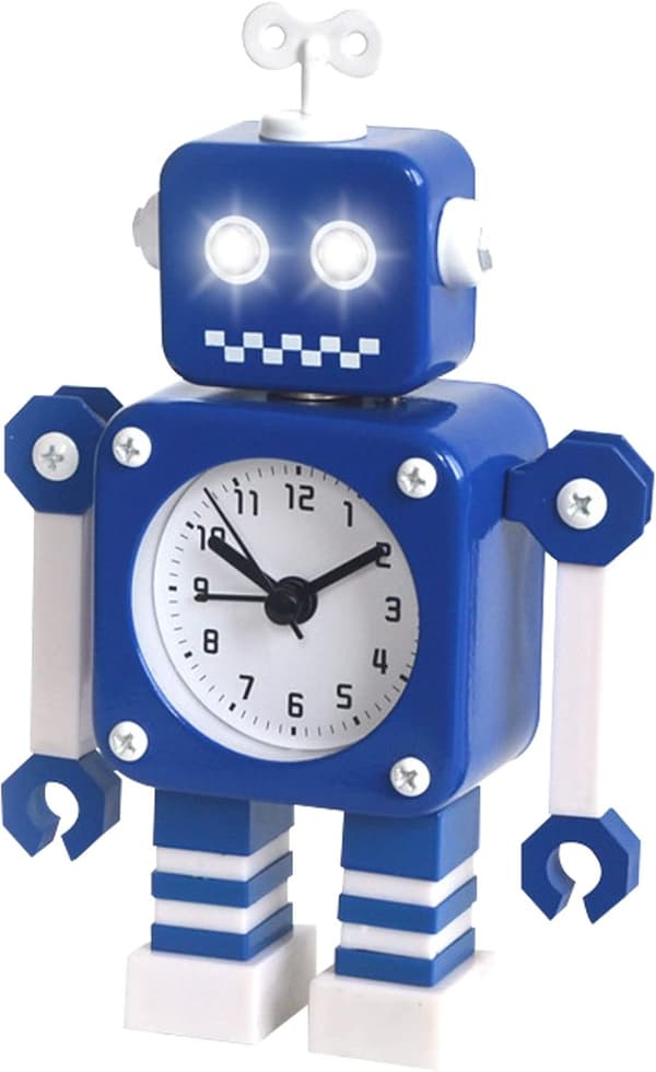Robot Vækkeur Lydløs Rustfrit Stål med Blinkende Lys Øjne til Børneværelsesindretning Blå 7 Tommer