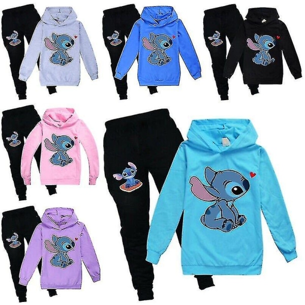 Lilo Stitch Träningsdräkt 2st Hooded Top Huvtröja Byxor Outfit Set Sportkläder för barn 130cm Blue