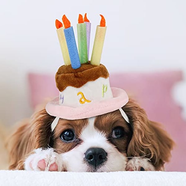 Födelsedagsmössa för hund, husdjursfödelsedagstårta hatt med ljus för hundkattfestdräkt, rosa stor mjuk och bekväm kort plyschmaterial