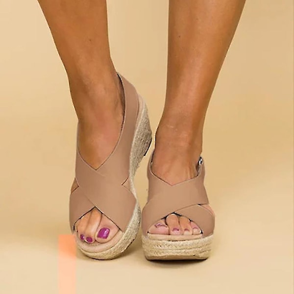 Bästsäljande produkt!!! Ankelrem Espadrillos Platåsandaler för Kvinnor - Mellanhög Kilklack, Sommarskor Brun Brown EU 38