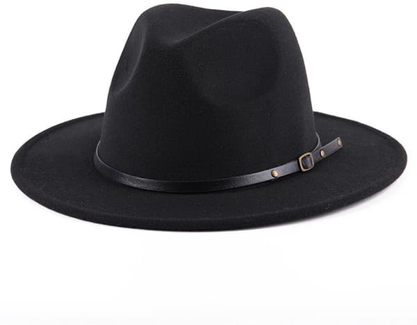 Uld Fedora Hat til kvinder, bredskygget Panama-stil filthat med spændebånd, elegant solhat til alle årstider til bryllup, strandrejser, sort