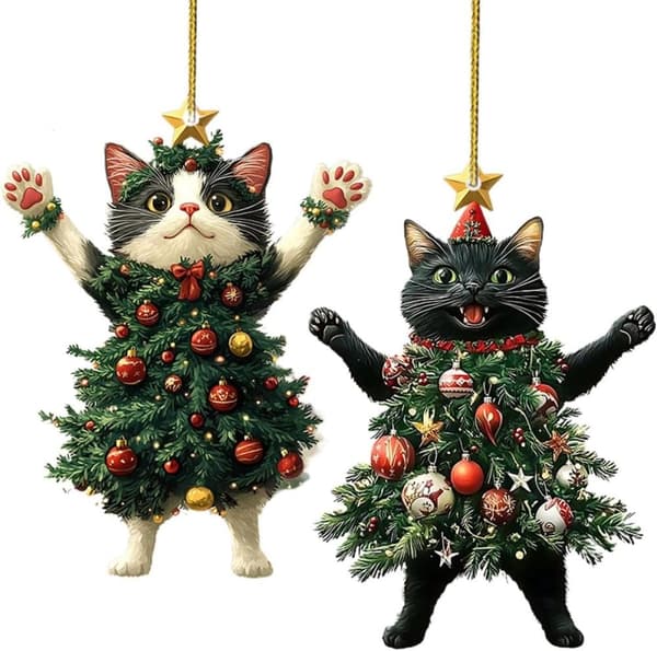 2-pack katt-julhängen – dubbelsidigt tryck för gran & bil