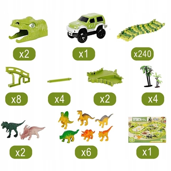 Stort bilbane sæt til børn - dinosaur Green