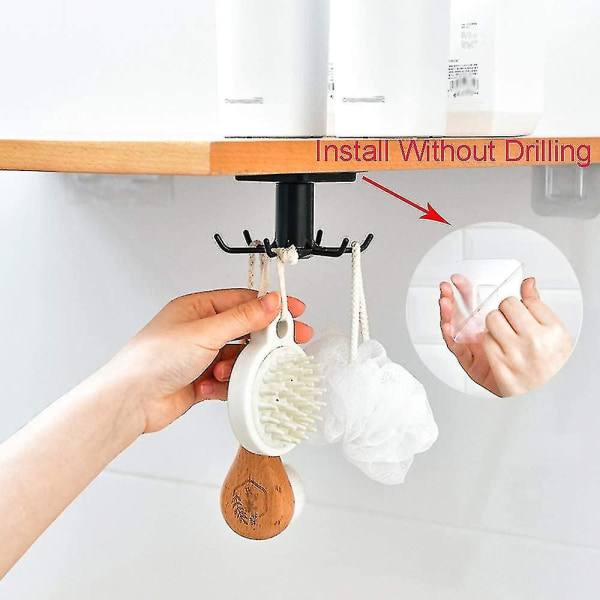 360 Rotating Kitchen Utensil Holder, 2pcs Kitchen Utensil Holder With 6 Hooks, No Drilling Storage Organizer Rack