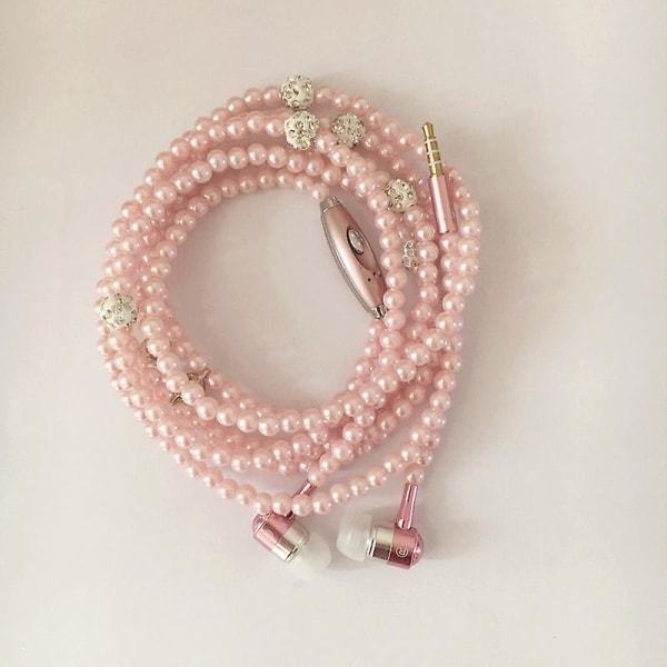 Fashion Pink Girls Wired Headphones Rhinestone Jewelry Pearl Necklace Headphones Med Mic 3.5mm Earbuds