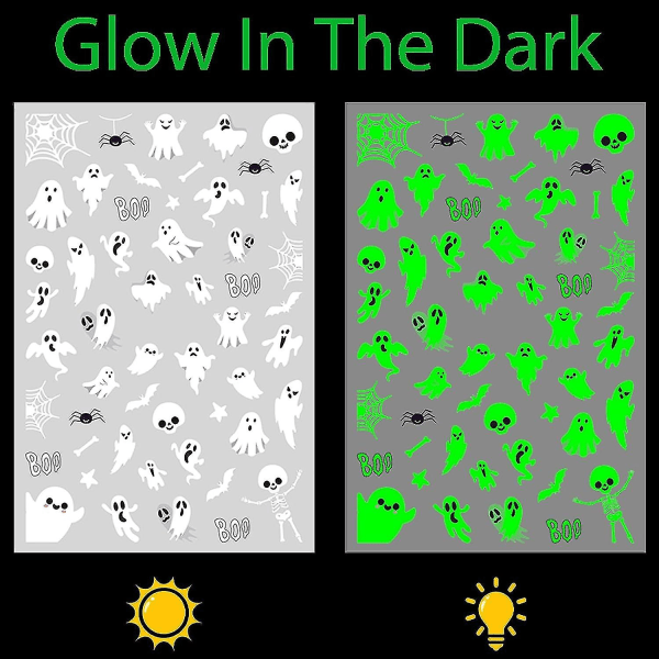 6 ark Glow In The Dark Halloween Nail Art Stickers - Cute Pumpkin Ghost Spider Web Skul