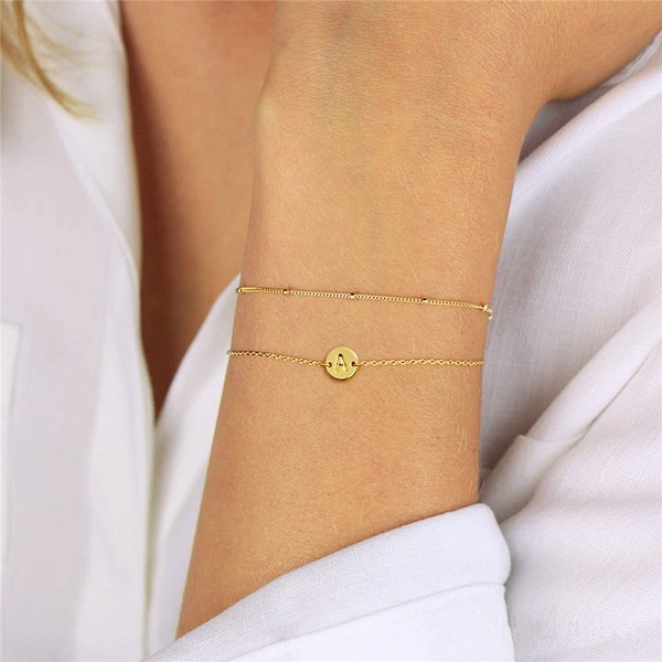 Gold Initial Bracelet for Women, Dainty Stackable Bracelets Adjustable for a comfortable fit（6+2 inches）