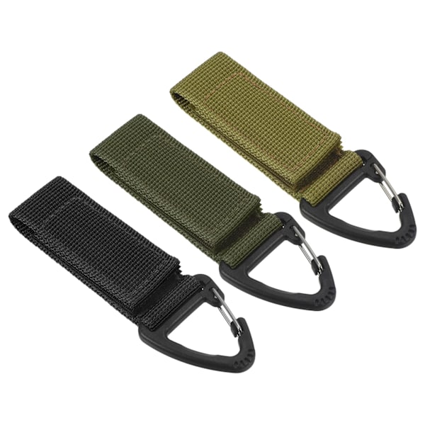 Belt Keeper Key Clip Set, 3Pcs Nylon Webbing Buckle Keychain with Sticky Tape Clip for Outdoor Camping, Black Green Khaki