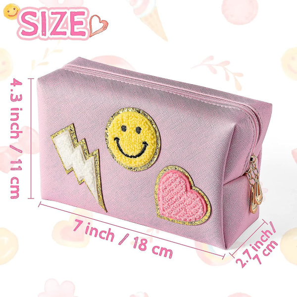 Preppy Patch Liten Toalettväska Smile Lightning Heart PU Läder Bärbar Vattentät Makeup Kosmetisk Väska Daglig Användning Förvaring Handväska Researrangör Comp
